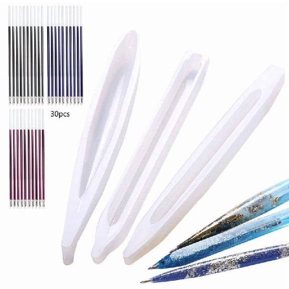TONKBEEY 3x Silicone Pen Shape Resin Mold with Ballpoint Refill Cylinder Shaped Epoxy Casting Mold for Pen Candle DIY Resin Craft