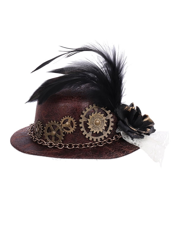 Women Halloween Gothic Mini Top Hat Steampunk Gears Chain Feather Flower Lace Fascinator Hair Clip Victorian Fancy Dress Cosplay Costume