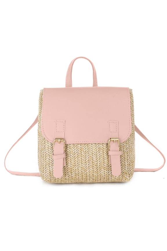 Women's Straw Woven PU Leather Backpack Bobo Beach Backpack Elegant Small Backpack Holiday Daypack Shopping Dating Bag