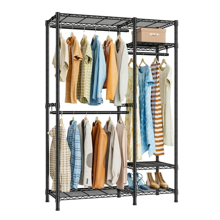 TONNSO T02 Garment Rack Heavy Duty Clothes Rack 4 Tiers Adjustable Wire Shelving Metal Clothing Racks with 3 Hanging Rods Freestanding Wardrobe Closet