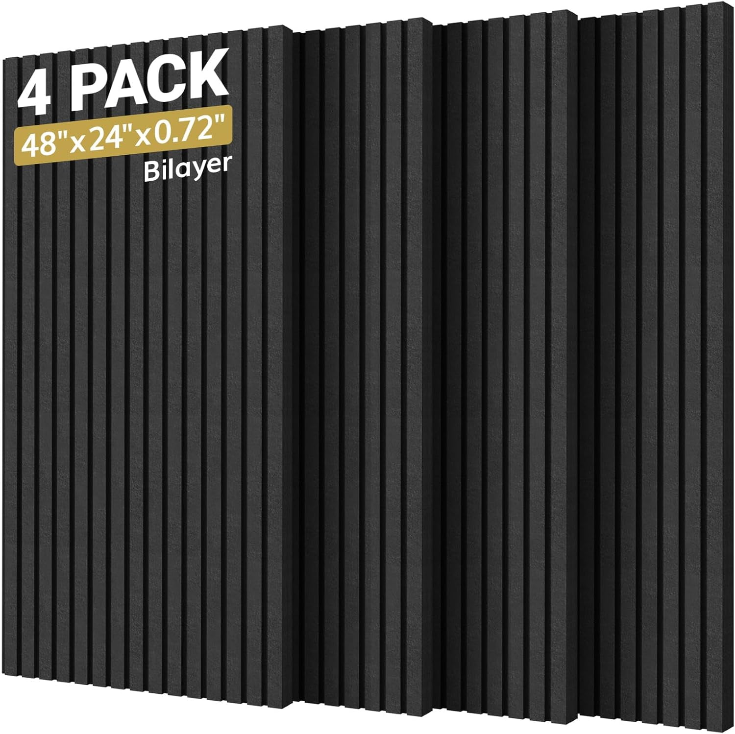TONOR 4-Pack Bilayer Acoustic Panels Large Self-adhesive, 48” * 24” * 0.72” Adhesive Wall Panel, Large Soundproof Tiles for Echo Absorbtion, Acoustical Barrier of Polyester Fiber, Black