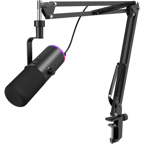 TONOR Dynamic Gaming Microphone, XLR/USB Mic Streaming, AI Noise Cancellation, Controlable RGB, Tap Mute, 3.5mm Headphone Jack, Volume Control, Microfono with Boom Arm, Black, TD510 AIR S H+