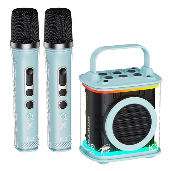 TONOR Mini Karaoke Machine with 2 Wireless Microphones, Portable Bluetooth Speaker for Adults with Microfono Mics and Colorful LED Lights, Girls Boys Birthday Gift Home Party Light Blue