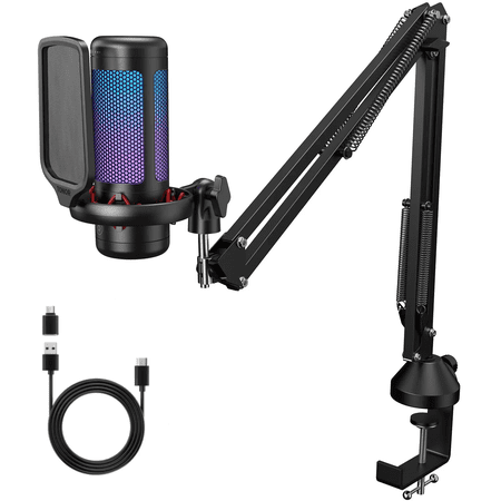TONOR TC310+ Gaming Microphone Set Type-C Plug, Desktop USB Microphone with RGB, Quick Mute, for Twitch, Streaming, Podcast, Studio Recording, Discord Chatting, 200 cm/78 inch Cable, Black