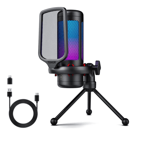 TONOR TC310 Gaming Microphone Type-C Plug, Desktop USB Microphone with RGB, Quick Mute, for Twitch, Streaming, Podcast, Studio Recording, Discord Chatting, 200 cm/78 inch Cable, Black