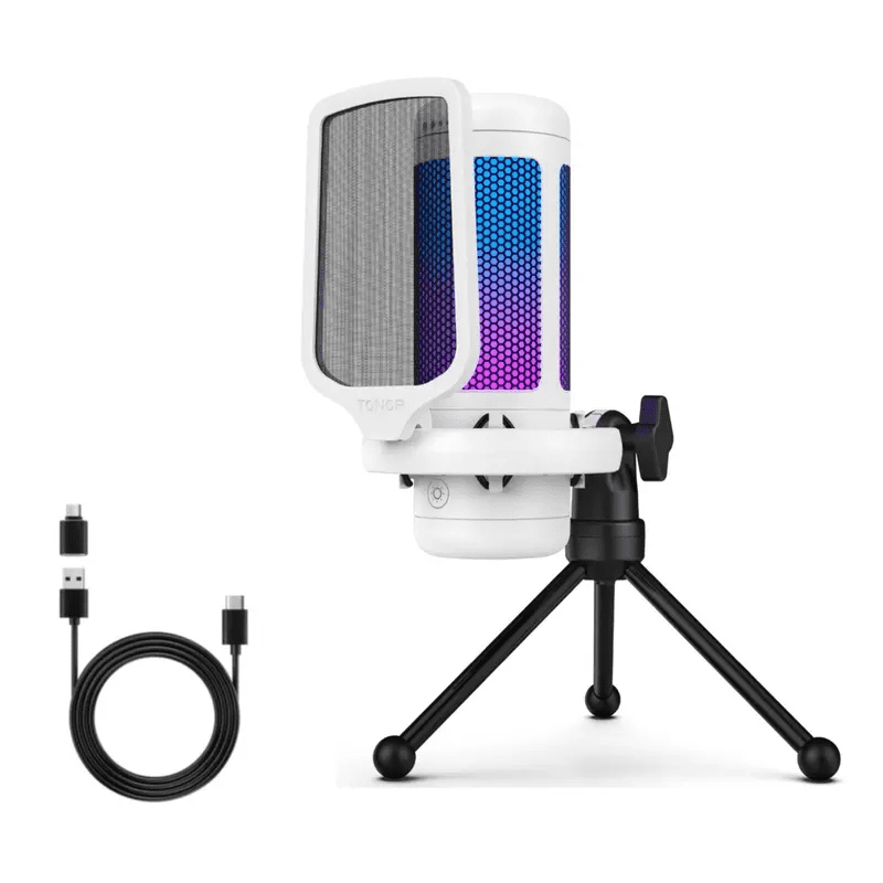 TONOR TC310 Gaming Microphone Type-C Plug, Desktop USB Microphone with RGB, Quick Mute, for Twitch, Streaming, Podcast, Studio Recording, Discord Chatting, 200 cm/78 inch Cable, White