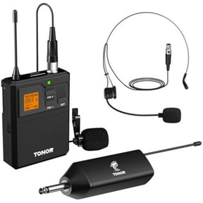 TONOR UHF Wireless Microphone System with Headset Mic/Lavalier Lapel Mic, Bodypack Transmitter, Rechargeable Receiver, 15 Channels 200ft Range 1/4" Output for Recording Live Performance PA Speaker