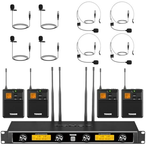 TONOR UHF Wireless Microphones System with Bodypack Transmitter, Headset/Lavalier Lapel Mics, Receiver, 4 * 10 Channels, 295ft Range for Karaoke, Singing, Church, Party, PA Speaker Mixer Recording