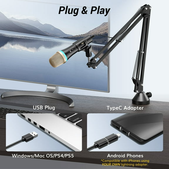 TONOR USB Dynamic Microphone for Podcast Gaming Mic with RGB for Recording, Live Streaming, YouTube, Singing, Studio, Tiktok Microfono with Quick Mute& Boom Arm Compatible with PC/Cellphone TypeC