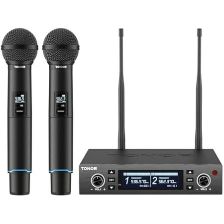 TONOR Wireless Microphone System, Auto Scan & Pair Professional Rechargeable Wireless Mic, 2x100 UHF Metal Cordless Dynamic Mic Set for Karaoke, Church, Singing, Wedding, Meeting, DJ, 328ft TW750