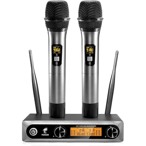 TONOR Wireless Microphones System, 2 * 15 Channel Metal Professional UHF Cordless Dynamic Handheld Mics with Receiver for Home Karaoke, Meeting, Party, Church, Wedding, KTV, 60 m/200ft, TW-820 Silver