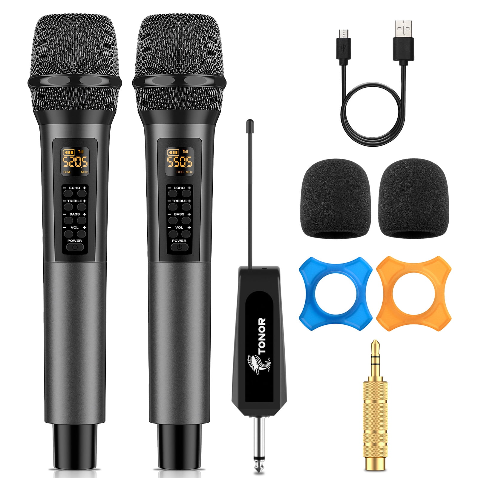 TONOR Wireless Microphones with Treble/Bass/Echo, Dual Dynamic Handheld Singing Mic with Receiver for Wedding Karaoke Machine PA System Speaker Amp Mixer, 30 UHF Adjustable Frequencies, 200ft TW525