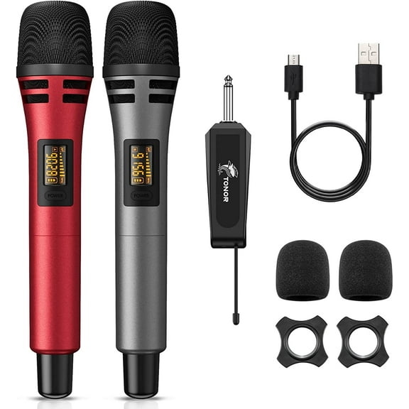 TONOR Wireless Microphones, UHF Dual Karaoke Microphone System, Microfonos Inalambricos TW320 Red