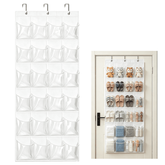 TONOS 24 Pocket Over-the-Door Hanging Shoe Organizer, Space Saving Closet Rack Hanger for Shoes, Pantry and Bathroom Accessories 64" x 18.5" White
