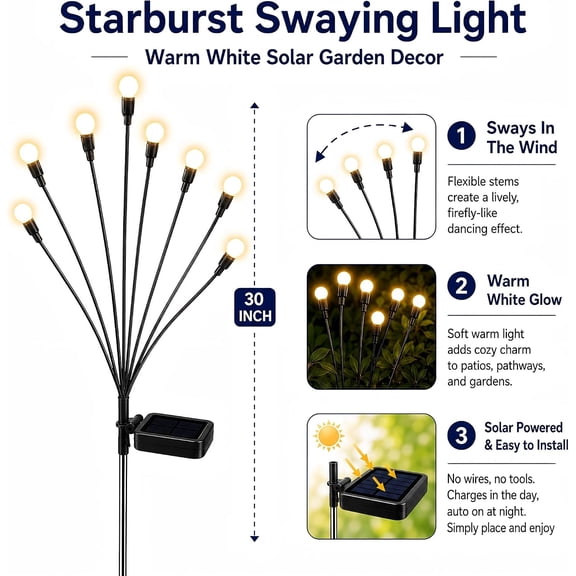 TONULAX Solar Garden Lights Upgraded Swaying by Wind Outdoor Warm White 4 Pack
