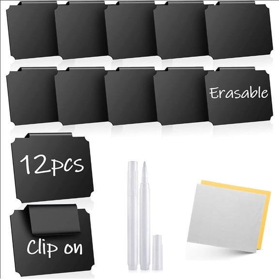 TONWIK 12 Pcs Basket Labels Clip on for Pantry Organization and Storage bin Labels with 2 Markers and 2 Wipe Cloths Reusable Chalk Basket Labels - Black Bin Labels Clip on Chalkboard Basket Tags