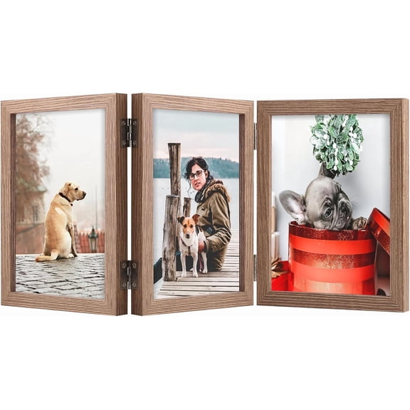 TOO 4x6 3 Picture Frame Triple Wooden Three Hinged Photo Frame Definition Glass Stand Vertically on Desktop or Tabletop