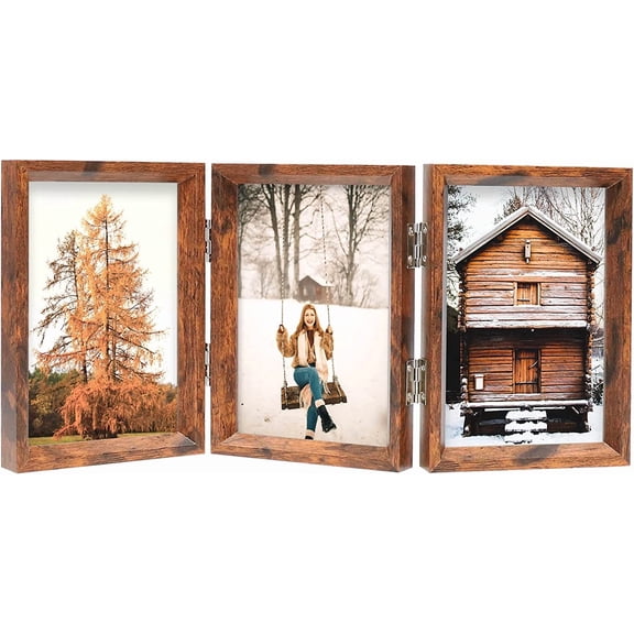 TOO 5x7 Triple Picture Frame Rustic Brown Wooden Hinged Beveled Photo Frame Definition Glass 3 Vertical Openings Stand on Desktop Tabletop