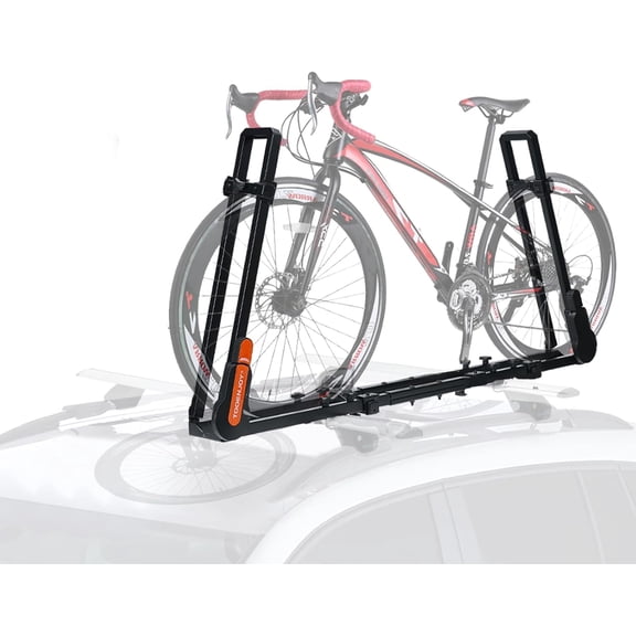 TOOENJOY Roof Mount Bicycle Car Rack, Upright Bike Rooftop Mount Rack with Dual Load Arm & Safe Ratchet Lock,Only for Movable Crossbar