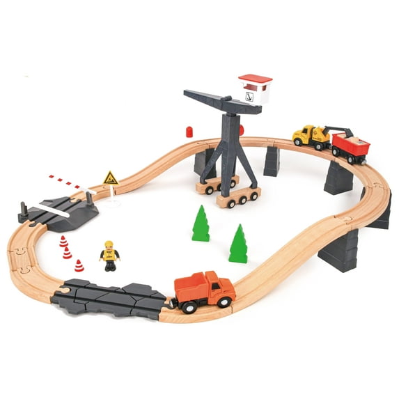 TOOKYLAND Construction Site Train Set - 35pcs Playset - Wooden Railroad Tracks, Tower Crane, Toy Trucks and Accessories; 3 Years +