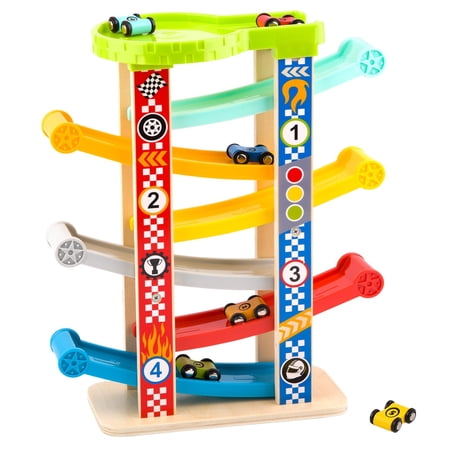 TOOKYLAND Toy Car Ramp Racer - 8pcs - Gravity Race Track Play Set with Wooden Cars, for Toddlers 18 Months Old +