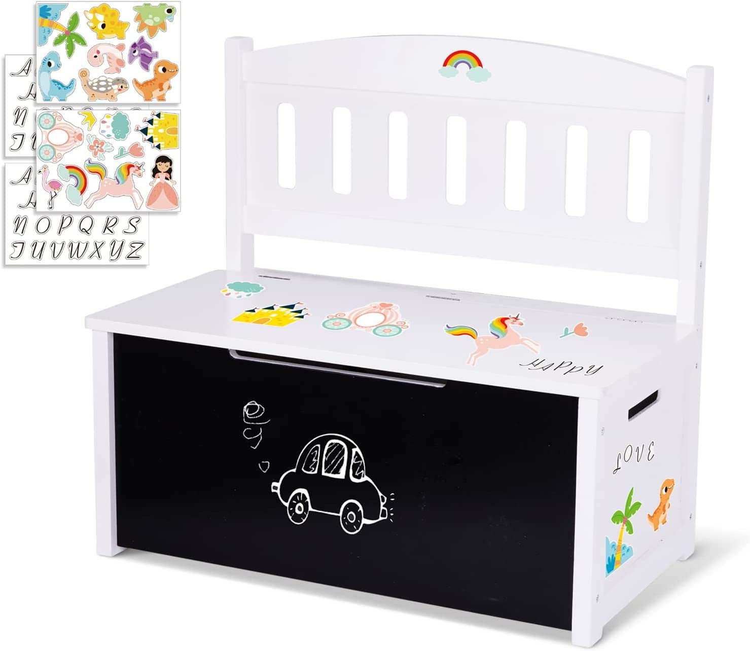 White Wooden Toy Storage Bench with Blackboard and Stickers