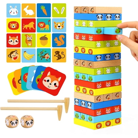 TOOKYLAND Wooden Tumbling Tower Game - 82pcs - Stacking Blocks Play Set with Dice, Hammers and Cards, 3 Years +
