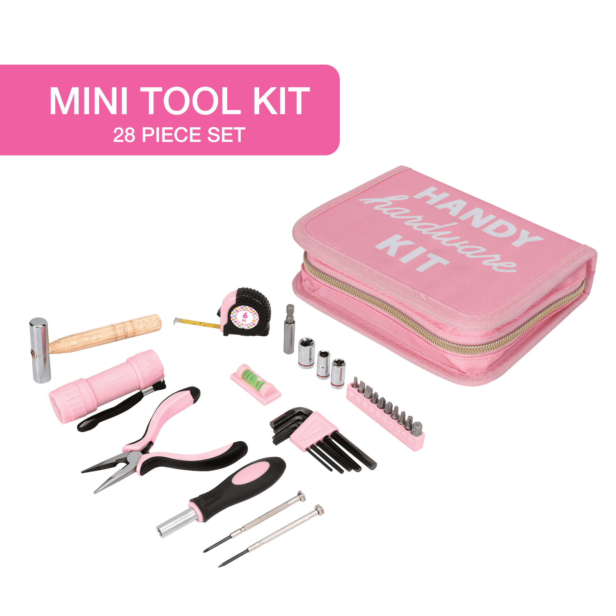 Packed Party 28 Piece Mini Tool Kit with Zipper Case, Pink