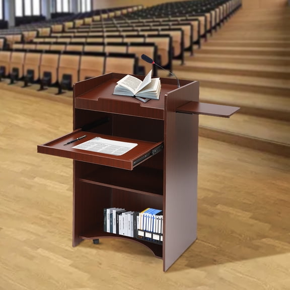 TOOL1SHOoo 23.6*15.7*45.7" Rolling Lectern Podium Presentation Stand School Church Pulpit with Shelf Reddish-brown