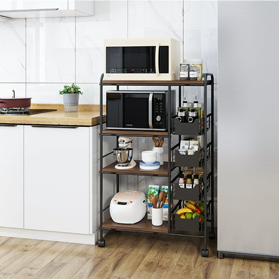 TOOL1SHOoo 4-Tier Walnut Metal Kitchen Storage Shelf W/ 4 Push-pull Drawers For Kitchen