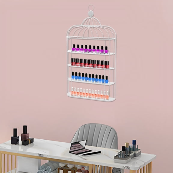 TOOL1SHOoo 4-tier Wall Mounted Nail Polish Storage Rack,White Display Rack Cosmetic Display Case Lipstick Perfume Wall Shelf Essential Oil Storage Rack for SPA Salon Shop (Birdcage)