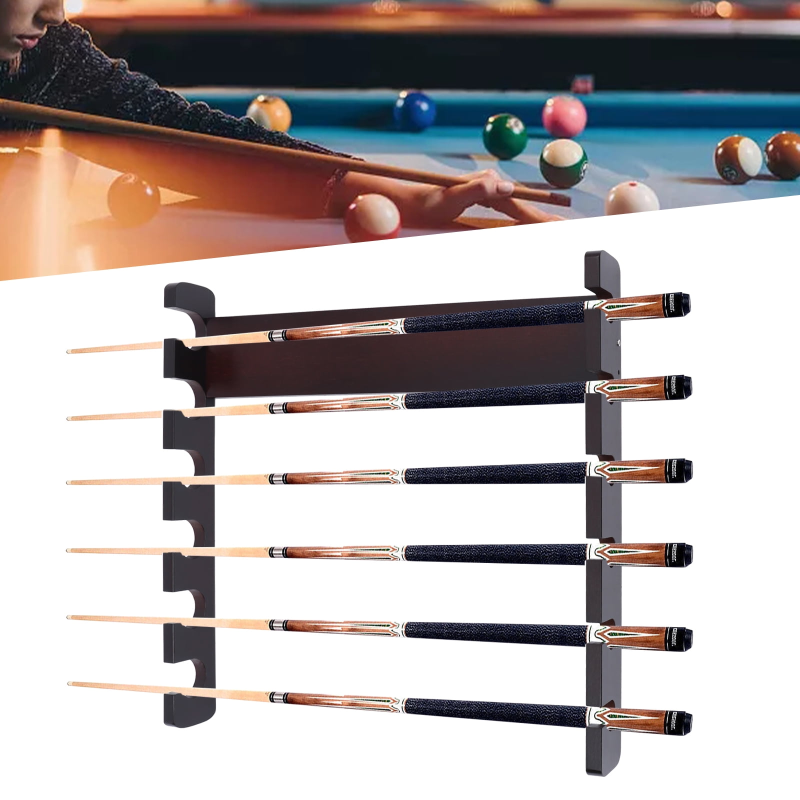 TOOL1SHOoo 6 Sticks Pool Cue Rack Wall Mounted, Horizontal Storage, Billiard Cue Holder for Play