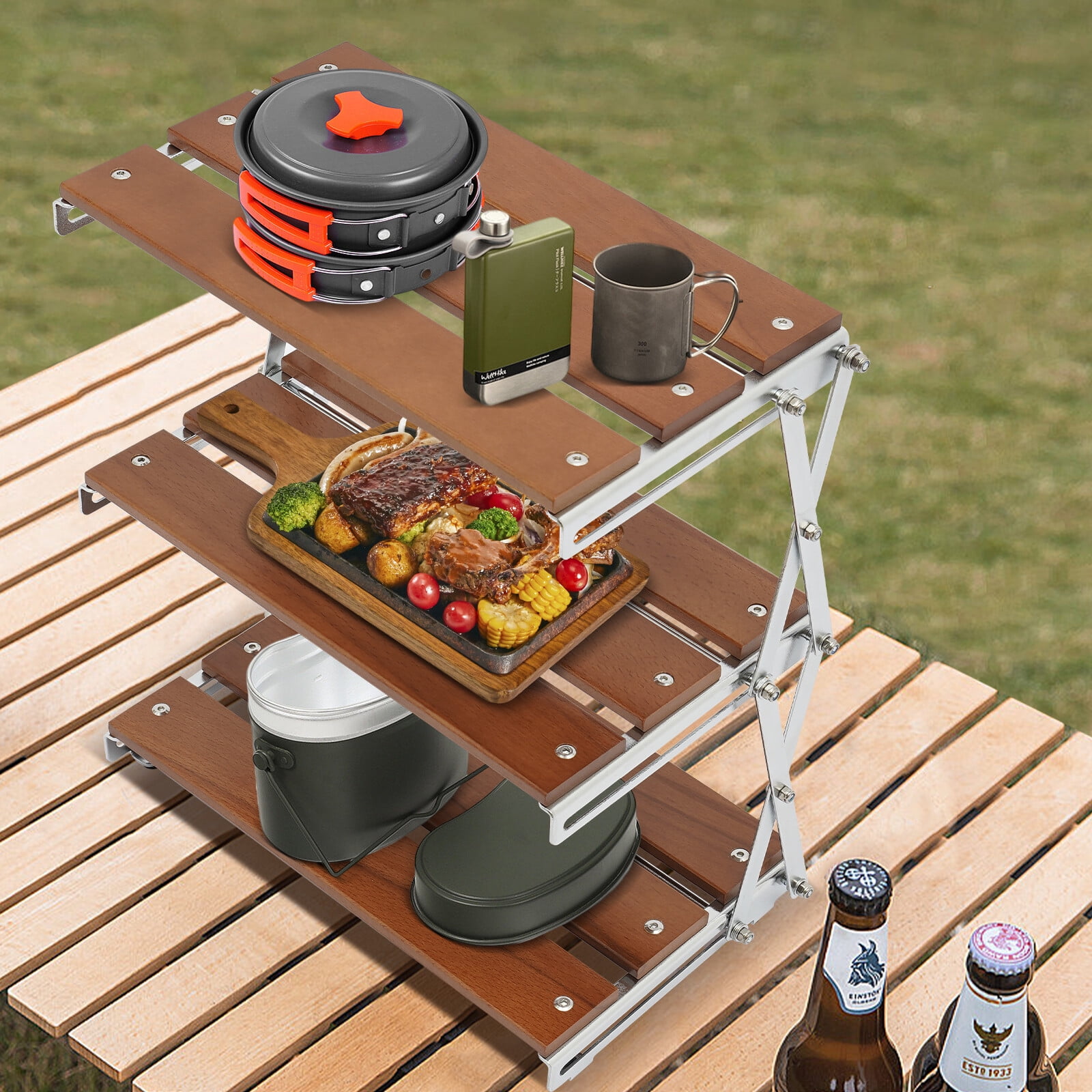 TOOL1SHOoo Camping Folding Storage Rack 3-Tier Natural Wood Desktop ...