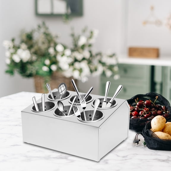 TOOL1SHOoo Commercial 6-Hole Stainless Steel Cylinder Flatware Silverware Utensil Holder Organizer