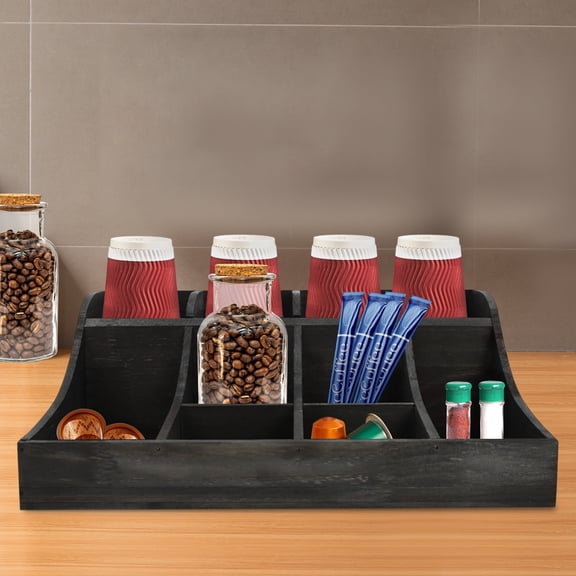 TOOL1SHOoo Condiment Organizer with 9 Compartment,Pine Wooden Condiment Holder for coffee counters,kitchen,offices,hotel lobbies,Black