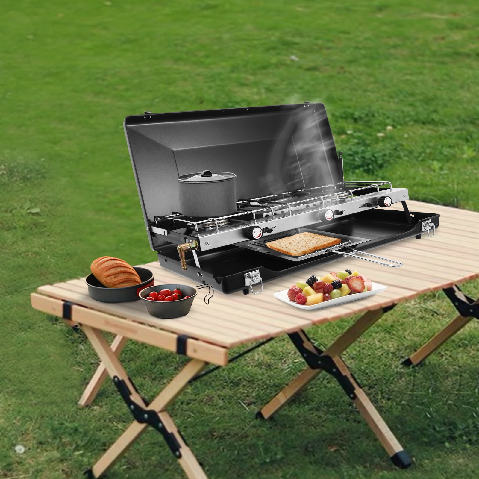 TOOL1SHOoo Gas Camping Stove,3-Burner Camping Stove Portable Cooking Stove for Car Camping BBQ Picnic Outdoor Cooking Camping Gas Stove