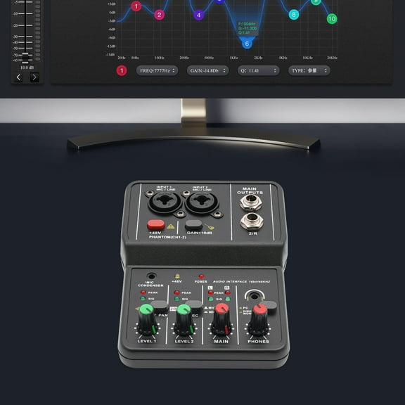 TOOL1SHOoo Mini 2-channel Audio DJ Mixer Console, 48V Phantom Power Corded Powered for Home KTV, Music Recording, Vocal Recording