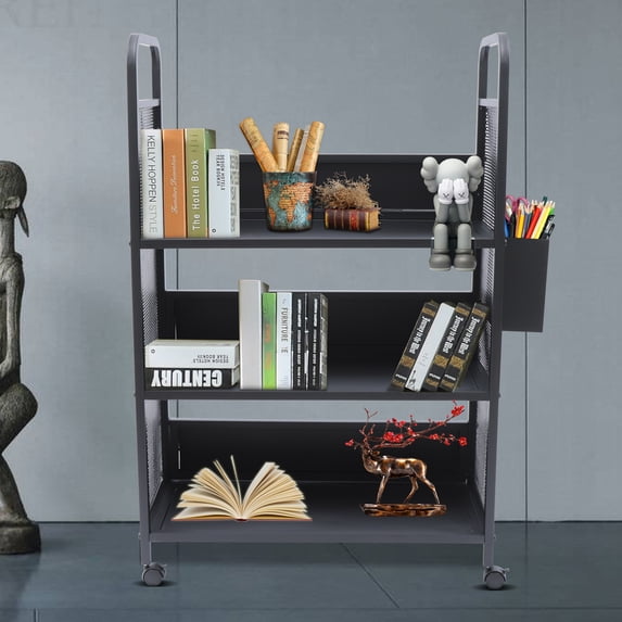TOOL1SHOoo Rolling Book Truck Book Cart with 3 Flat Shelves, Library Book Cart with Swivel Lockable Casters Black