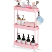 TOOLF 3 Tier Rolling Cart, Slim Storage Cart, Bathroom & Laundry Organizer for Office Kitchen Bedroom Laundry Room(Pink)