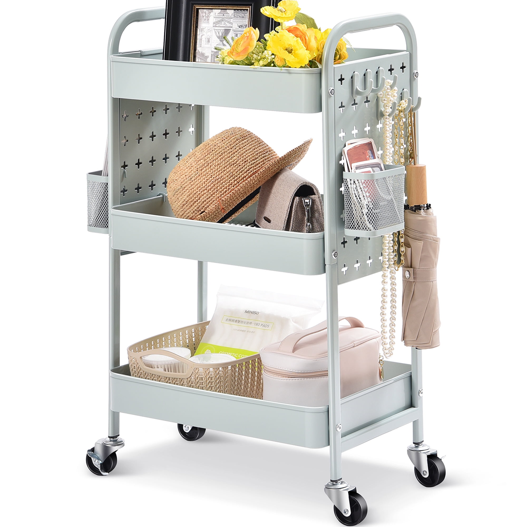 TOOLF 3Tier Rolling Cart, DIY Dual Pegboards, Organizer Trolley for