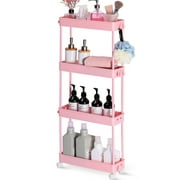 TOOLF 4 Tier Rolling Cart, Slim Storage Cart, Bathroom & Laundry Organizer for Office Kitchen Bedroom Laundry Room（Pink）