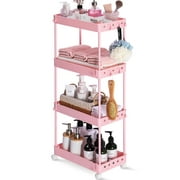 TOOLF 4-Tier Widen Rolling Cart with Partition, School Storage Utility Cart with Wheels, Slide Out Storage Shelves for Home & Office, Pink