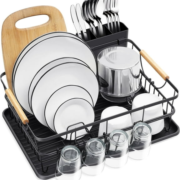 TOOLF Dish Drying Rack, Removable Utensil Holder, Organizer for Kitchen Counter, Black, Metal