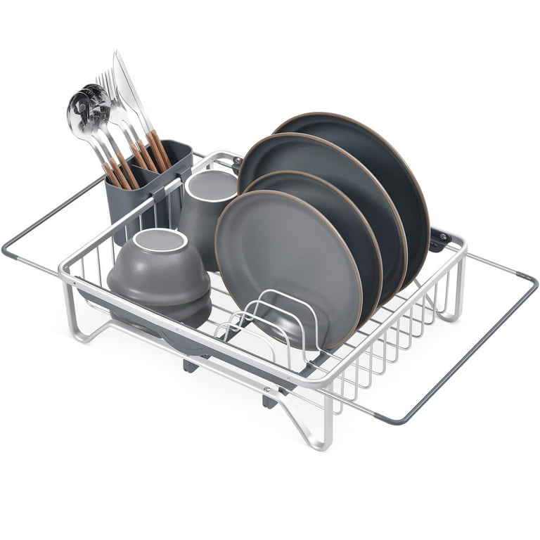TOOLF Expandable Aluminum Dish Rack, Dish Drainer on Counter with Utensil  Holder Dish Drying Rack for Kitchen