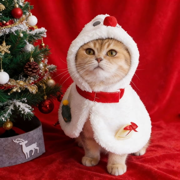 TOOLGOOD Enjoying Cat Christmas Costume, Pet Santa Hat with Xmas Clothes for Cats Small Dogs Rabbits, Cat Santa Hat and Red Warm Cloak Coat, New Year Puppy Red Clothes Outfit, Adjustable White M