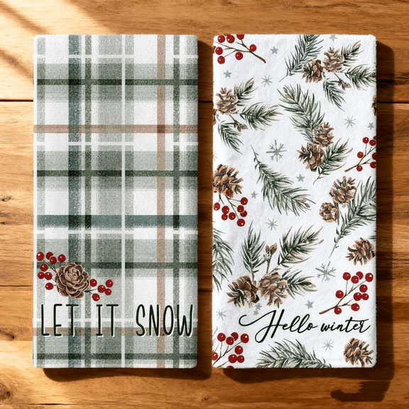 TOOLGOOD Hello Winter Green Kitchen Dish Towels, Let It Snow Pine Cone Pine Needle Red Berry Drying Towels Baking Cooking Cloth, Christmas Farmhouse Plaid Check Home Kitchen Decoration 18 x 26, A