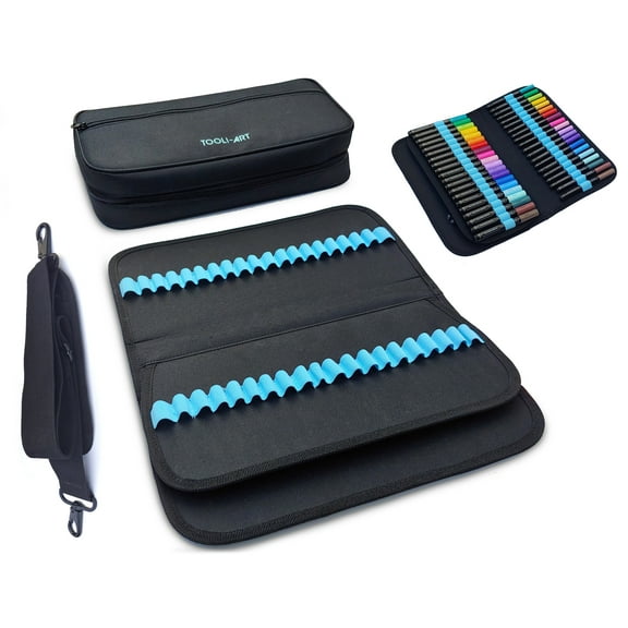 TOOLI-ART Marker & Pen Carrying Case -120 Slots, Black Canvas, Trolley Sleeve