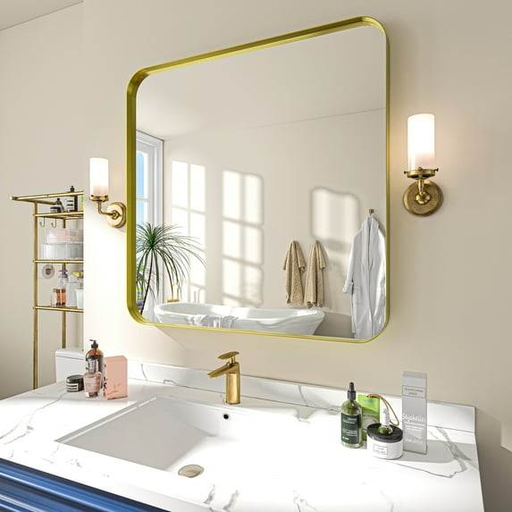 TOOLKISS Aluminum Alloy Round Corner Frame Vanity Mirror 36 inch.W x 36 inch.H - Brushed Gold