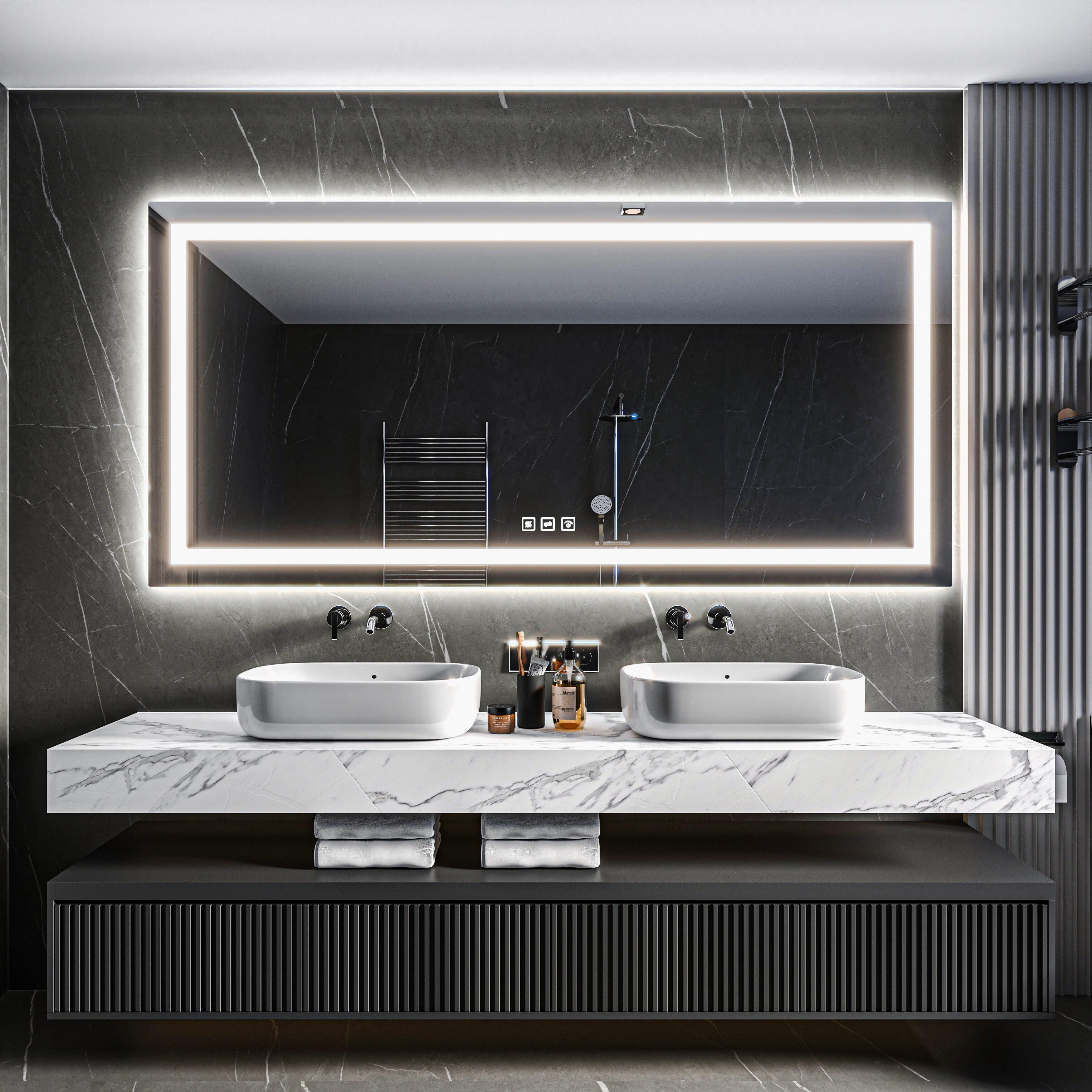 TOOLKISS Antifog Frameless Vanity Mirror with Backlit and Front Light