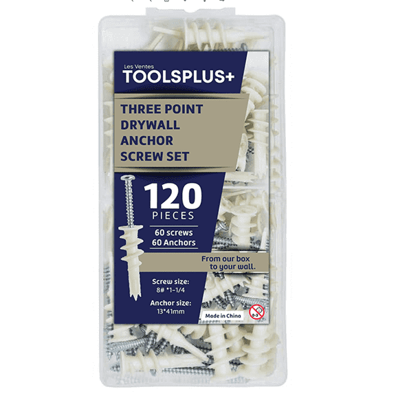 TOOLPLUS+ 120-Piece Drywall Anchors and Screws Set – Heavy Duty Wall Anchor Kit for Drywall, Includes 60 Plastic Anchors & 60 Screws, Three-Point Self-Drilling Design
